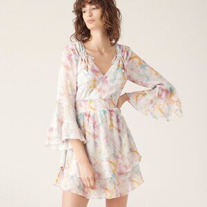 Tiger Lily SAARALIE Silk/Cotton V-Neck Tie Dye Smocked Waist Mini Dress, AU10